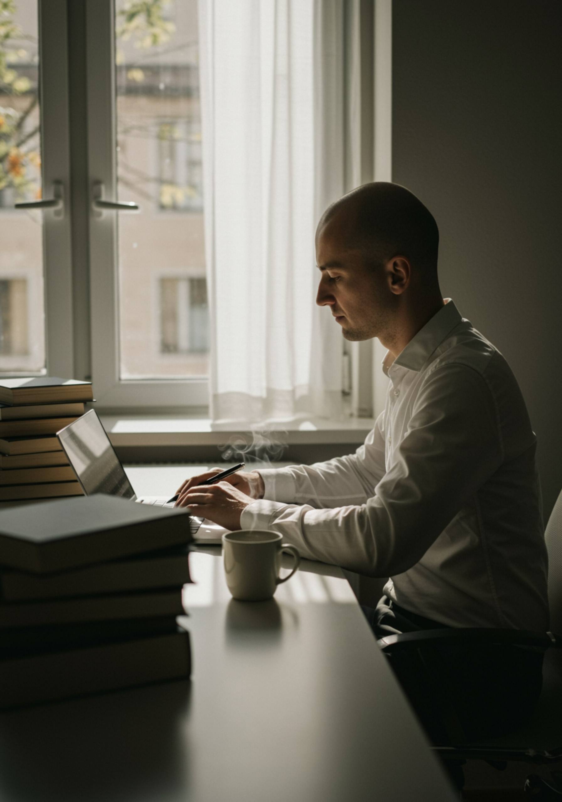 imagen14 "Freelancer trabajando en un escritorio minimalista con laptop, libros legales y café, en un ambiente tranquilo y luminoso."
