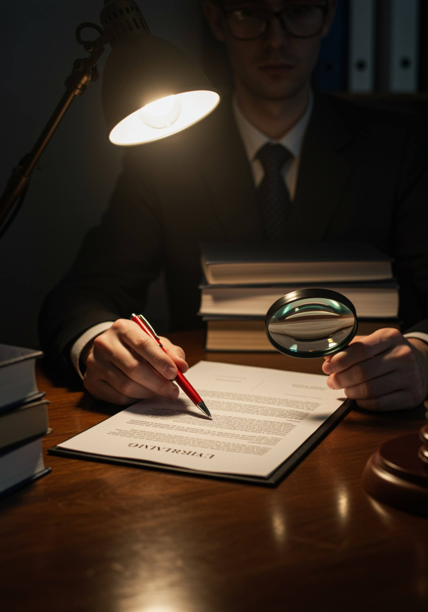imagen23 "Abogado blanco revisando un contrato detallado con lupa y bolígrafo rojo en un escritorio de madera pulida, rodeado de archivos legales y libros de referencia."